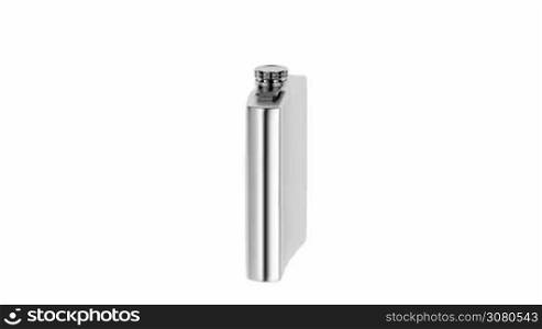 Silver hip flask spins on white background