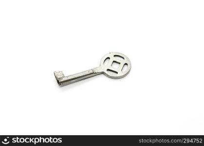 Silver key, close up, isolated on white background