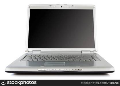 silver laptop with black screen over a white background