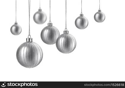 Silver matte christmas decoration balls hanging on white background