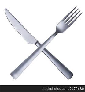 Silver matted metal knife and fork crossed isolated on white background