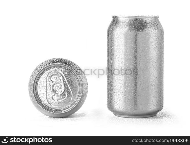 silver metal cans with drops isolated on white background