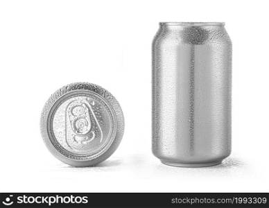 silver metal cans with drops isolated on white background
