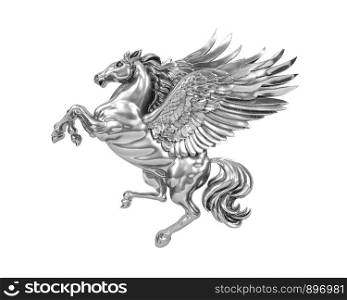 Silver metal flying horse Pegasus isolated on white background (with clipping path). 3D Rendering