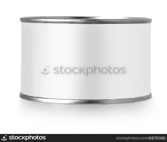 Silver metal tin can with white label isolated on white background