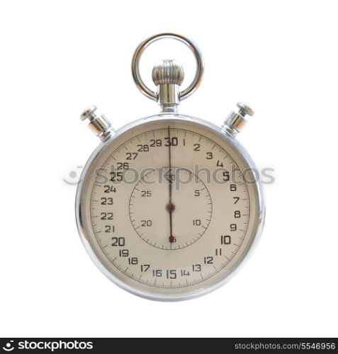 Silver metallic stopwatch isolated on white background