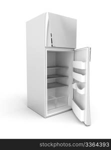 Silver modern fridge with opened door. 3d image.