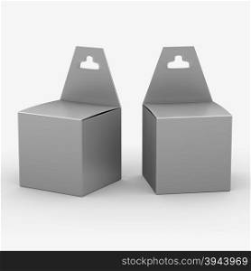 Silver paper box packaging with hanger, clipping path included. Template package for variety product like ink cartridge, electronic or stationery. ready for Your Design and artwork .&#xA;