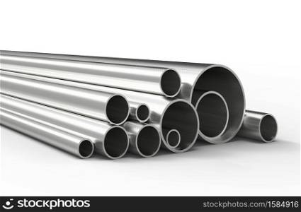 Silver pipes isolated on white background. 3D rendering.