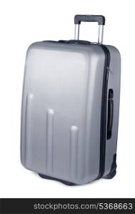 Silver plastic suitcase on wheels isolated on white