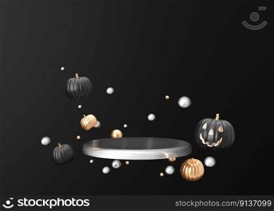 Silver podium with Halloween decoration on black background. Halloween composition. Scene for product, cosmetic presentation. Trendy mock up. Pedestal, platform, stage for beauty product. 3D renderin. Silver podium with Halloween decoration on black background. Halloween composition. Scene for product, cosmetic presentation. Trendy mock up. Pedestal, platform, stage for beauty product. 3D rendering