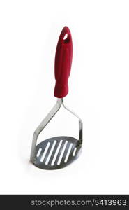 Silver potato masher with red handle