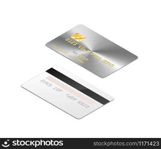 Silver realistic credit card with chip from both sides in isometric projection isolated on white. Silver realistic credit card with chip from both sides in isometric projection on white