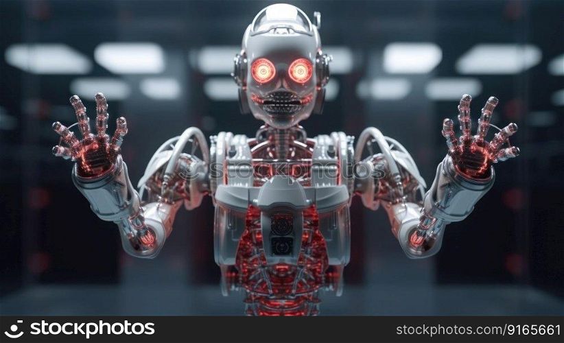 silver red robot with open hands with©space≥≠rative ai.