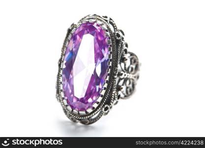 silver ring with huge amethyst isolated
