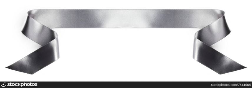 Silver satin ribbon banner isolated on white background. Satin ribbon banner on white