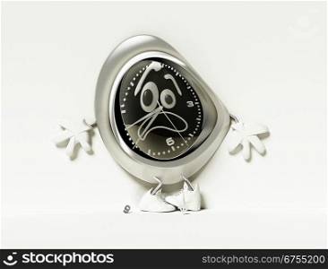 silver scared clock in shoes with arms and eyes