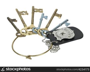 Silver special police badge with a star on a ring of large keys - path included