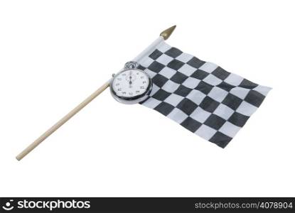 Silver stopwatch on a black and white racing flag - path included