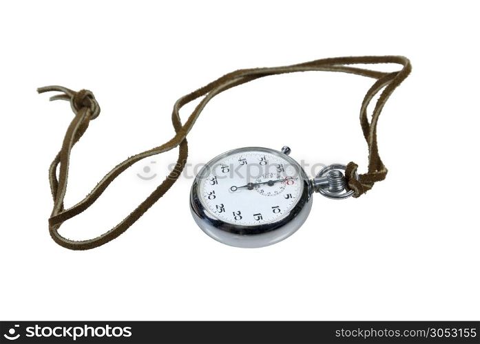 Silver stopwatch on a long rough leather cord - path included