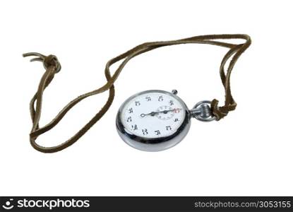 Silver stopwatch on a long rough leather cord - path included
