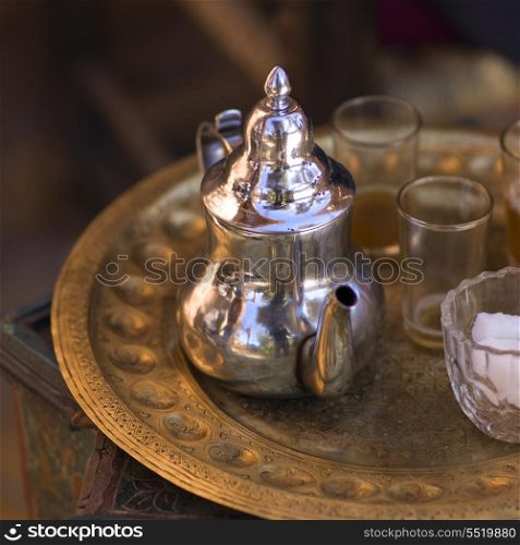Silver teapot with glasses on a tray, Ouarzazate, Morocco