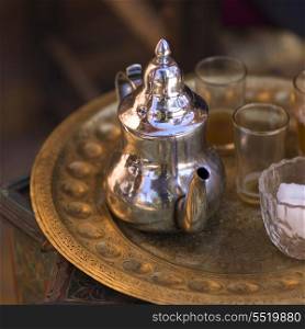 Silver teapot with glasses on a tray, Ouarzazate, Morocco