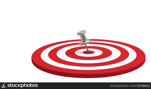Silver thumbtack placed in the target isolated on white background. Business target concept.3D render.