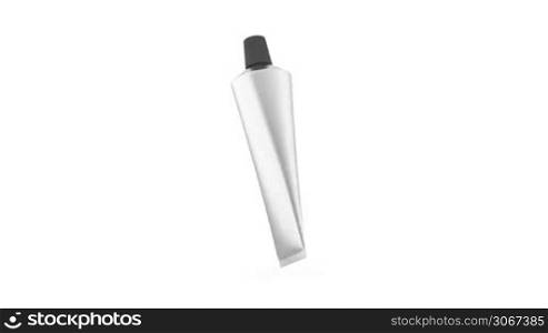Silver tube for cream or gel, rotates on white background
