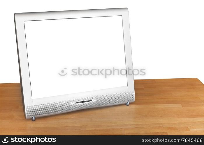silver TV set display with cut out screen on wooden table isolated on white background