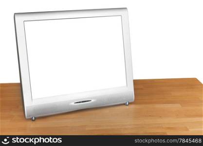 silver TV set display with cut out screen on wooden table isolated on white background