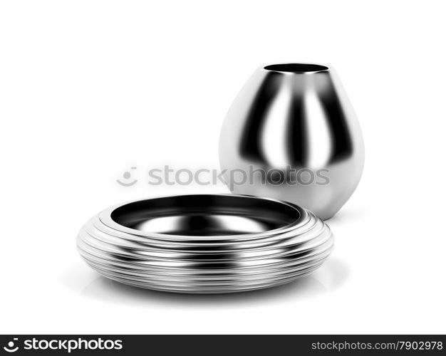 Silver vase and bowl on white background