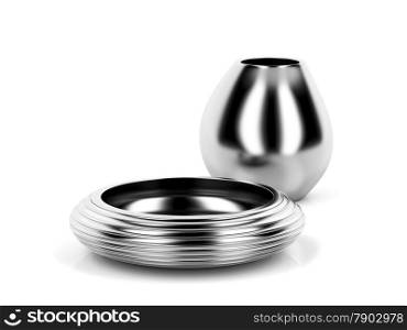 Silver vase and bowl on white background