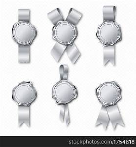 Silver wax seal stamp with ribbon, approval sealing. Quality guarantee blank retro postal label. Royal insignia or signature for letter or document secure and verify, Realistic 3d vector icons set. Silver wax seal stamp with ribbon approval sealing