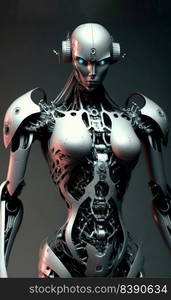 Silvered female robot on a black background. Nanotechnology concept. Generative AI