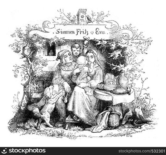 Simmen Fritz & Eva, vintage engraved illustration. Magasin Pittoresque 1852.