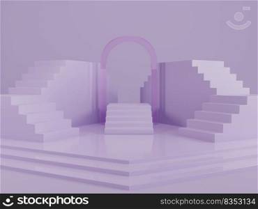 Simple abstract product display podium platform with stairs and frosted glass arch architecture 3D rendering illustration