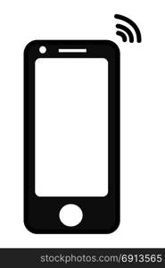 Simple black mobile phone icon with signal symbol on a white background.