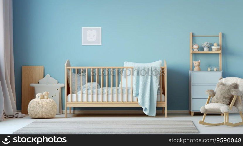 Simple, blue baby bedroom with cot and rug.