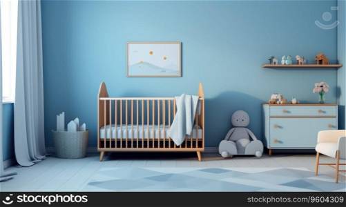 Simple, blue baby bedroom with cot and rug.