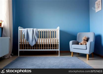 Simple, blue baby bedroom with cot and rug. Generative AI