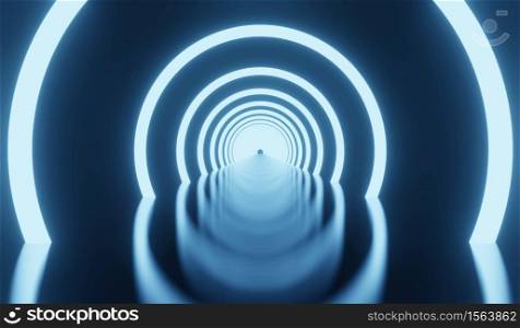 Simple Empty Dark Futuristic Sci Fi Room dark with lights and circle neon light 3D Rendering Illustration. Sci Fi Neon Glowing Lights Blue and white Circle Floor Studio Stage Show Night Virtual Dark