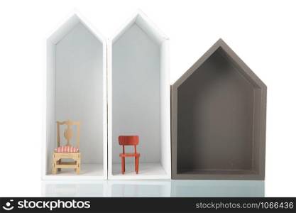 simple houses with furniture in a row isolated over white background