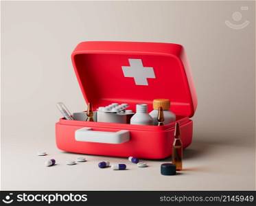 Simple open red first aid kit with with medicines for drugstore category on floor 3d render illustration. Isolated object on background. Simple open red first aid kit with with medicines for drugstore category on floor 3d render illustration.