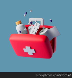 Simple open red first aid kit with with medicines for drugstore category 3d render illustration. Isolated object on background. Simple open red first aid kit with with medicines for drugstore category 3d render illustration.