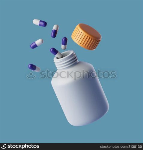 Simple pills in a open jar 3d render illustration. Isolated object on background.. Simple pills in a open jar 3d render illustration