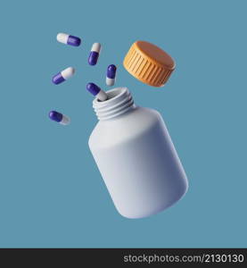 Simple pills in a open jar 3d render illustration. Isolated object on background.. Simple pills in a open jar 3d render illustration