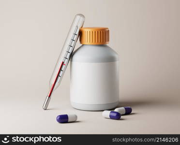 Simple pills in a open jar with thermometer on floor 3d render illustration. Isolated object on background.. Simple pills in a open jar with thermometer on floor 3d render illustration.
