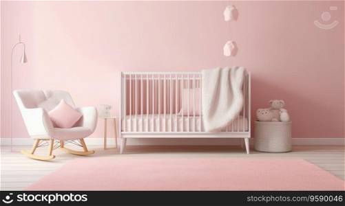 Simple, pink baby bedroom with cot and rug.
