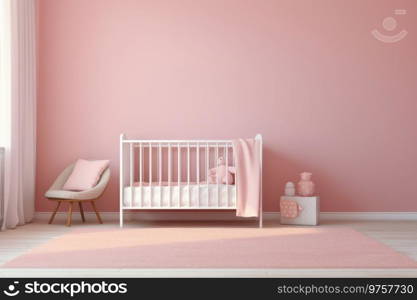 Simple, pink baby bedroom with cot and rug. Generative AI